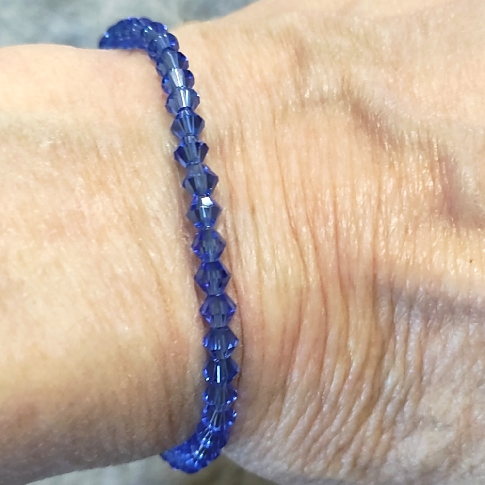 VINTAGE STERLING SILVER .925 SAPPHIRE BICONE CRYSTAL BEADED 7" BRACELET - Picture 3 of 9